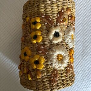 Vintage Handmade Woven Straw Raffia Basket with  Colorful Flowers